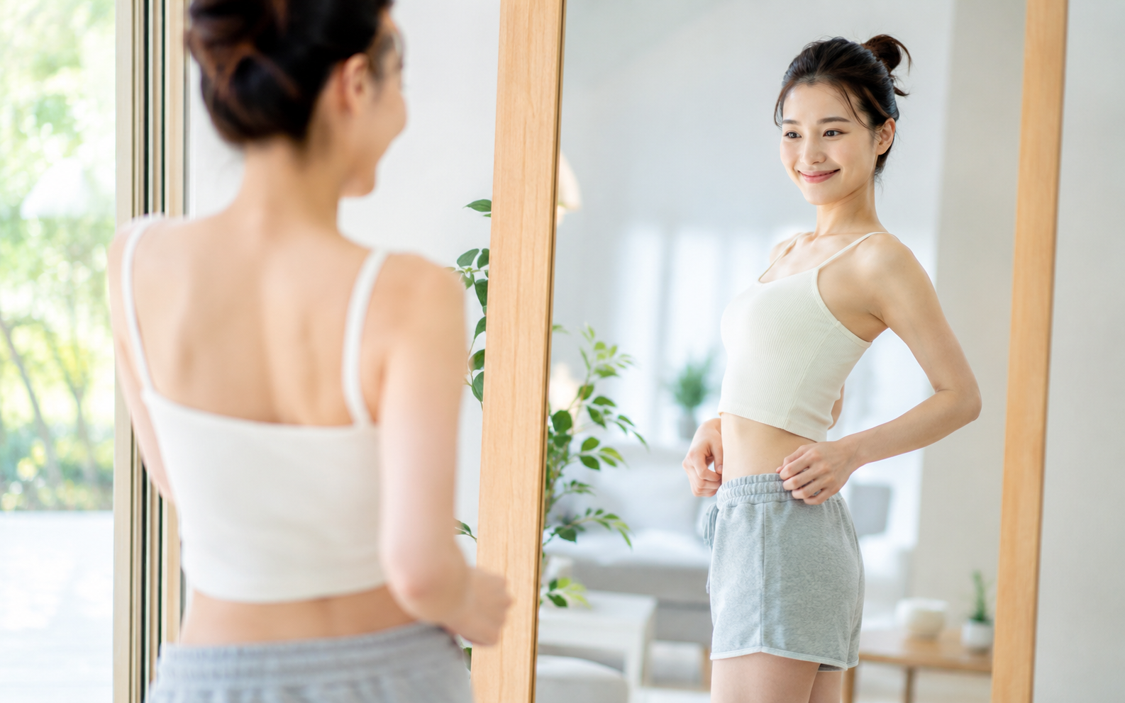 鏡を見てすっきりしたボディラインに満足する20代女性のイメージ
