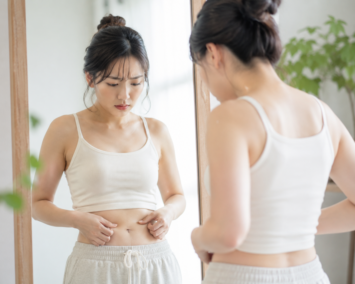 鏡の前でお腹まわりが気になる20代女性のイメージ