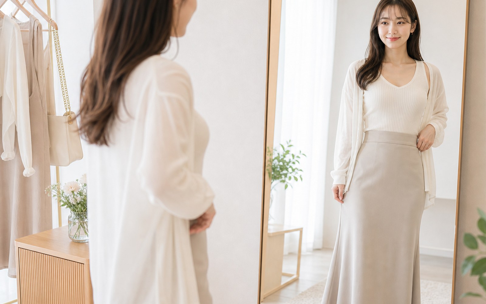 服を着た時のラインを鏡で確認する女性のイメージ