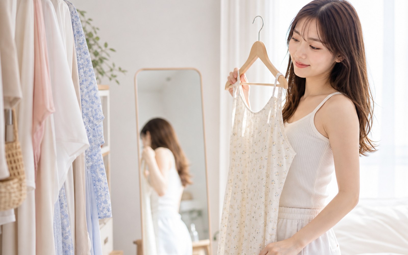 イベント前に服を選びながら体をすっきり見せたい女性のイメージ
