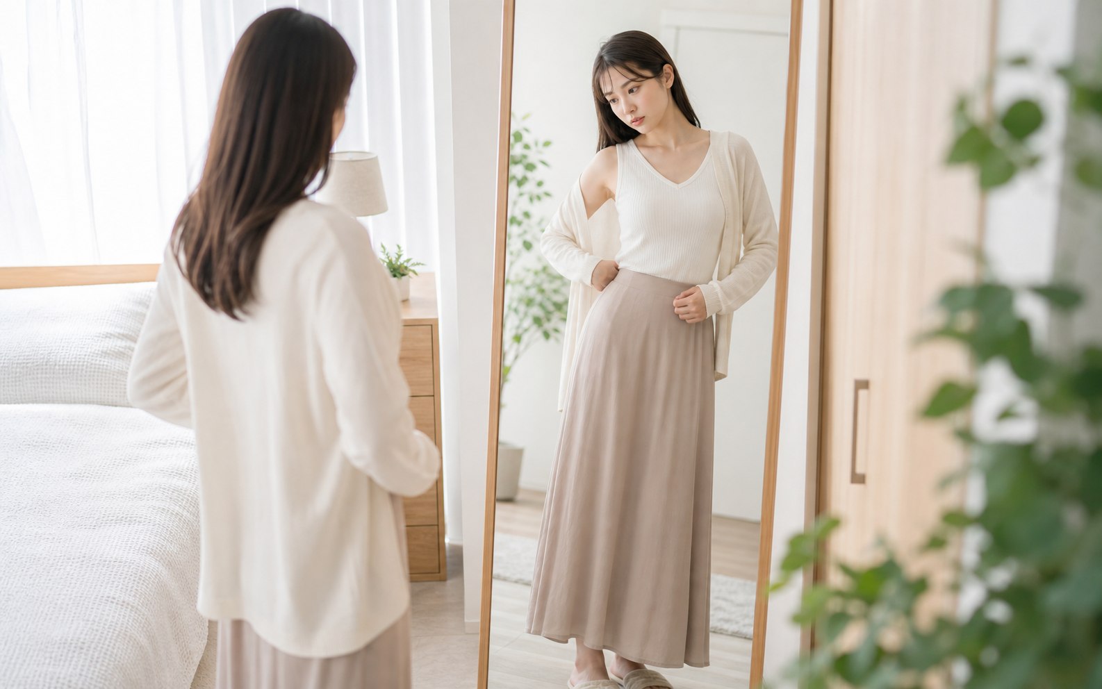 鏡で服を着た時のラインを確認して悩む女性のイメージ