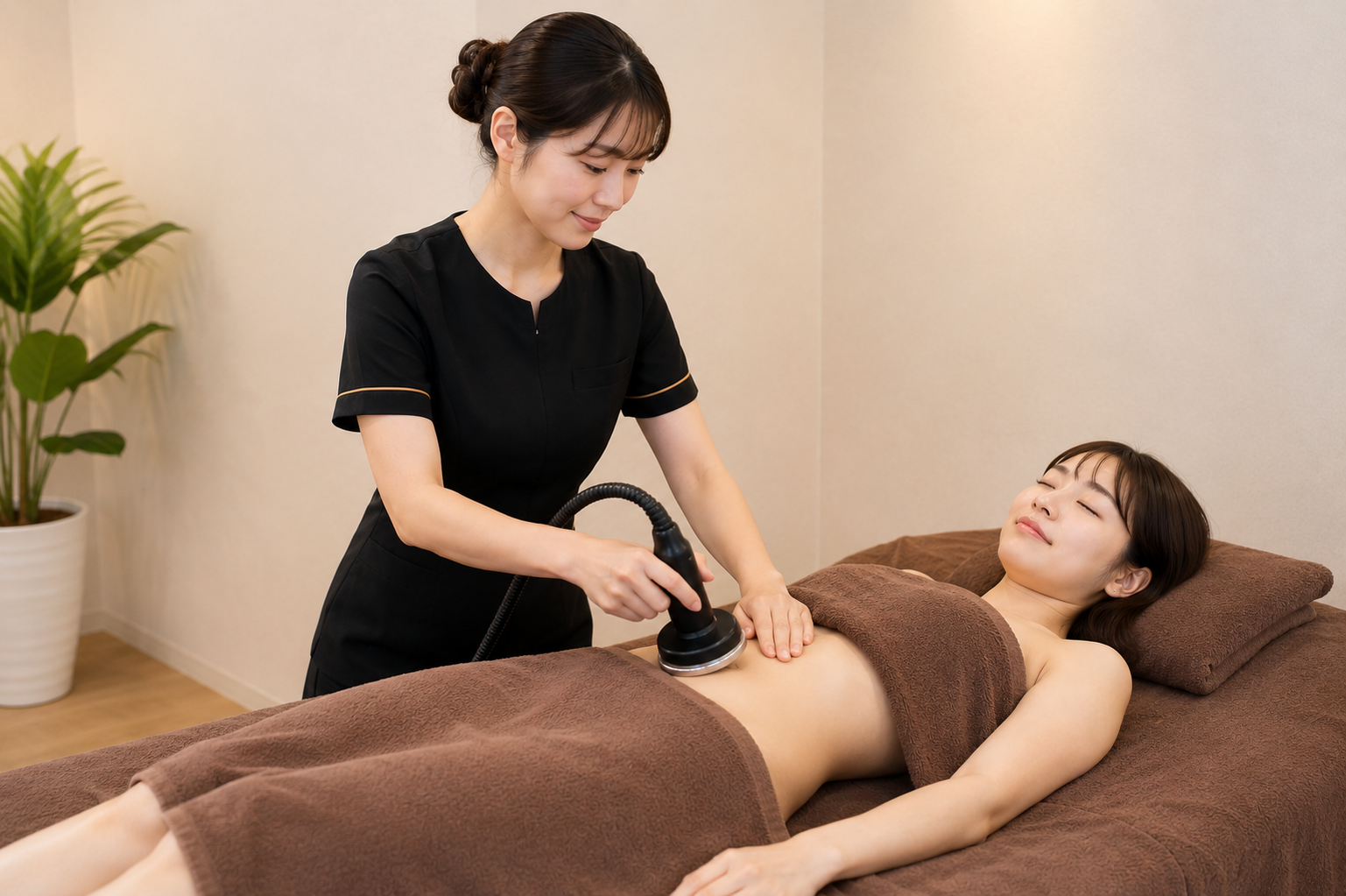 アンシャルム京橋店でお腹まわりのキャビテーションケアを受ける20代女性