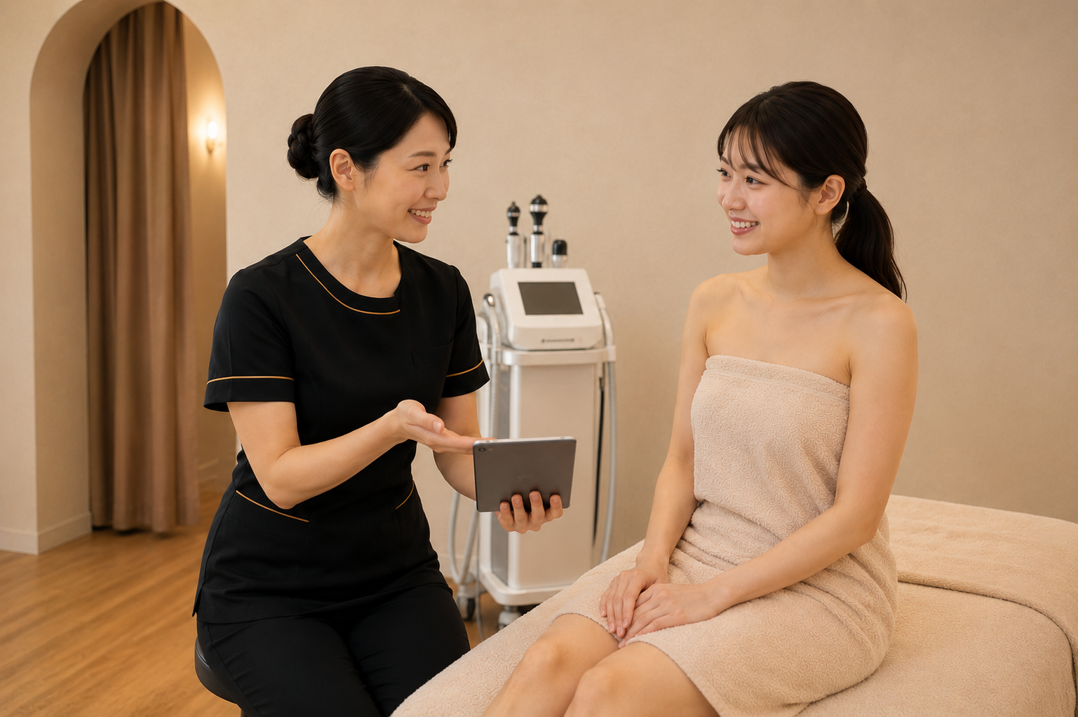 アンシャルム京橋店でキャビテーションのカウンセリングを受ける20代女性
